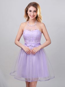 Free and Easy Halter Top Mini Length Lavender Quinceanera Court of Honor Dress Tulle Sleeveless Lace and Appliques and Belt