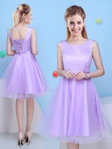Custom Made A-line Damas Dress Lavender Scoop Tulle Sleeveless Knee Length Lace Up