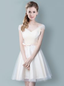 Flare Champagne Zipper V-neck Ruching and Bowknot Court Dresses for Sweet 16 Tulle Cap Sleeves