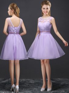 Fashion Scoop Sleeveless Mini Length Lace Lace Up Quinceanera Court Dresses with Lavender