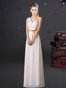 One Shoulder White Empire Lace and Appliques and Belt Dama Dress Lace Up Chiffon Sleeveless Floor Length