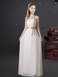 Fantastic Halter Top White Sleeveless Floor Length Lace and Belt Lace Up Quinceanera Dama Dress