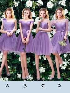 Fashionable One Shoulder Mini Length Lace Up Vestidos de Damas Lavender for Prom and Party and Wedding Party with Beading and Appliques and Ruffles and Ruching and Belt and Hand Made Flower