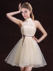 A-line Quinceanera Dama Dress Champagne Halter Top Organza Sleeveless Mini Length Lace Up