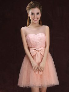 Customized Scoop Sleeveless Quinceanera Court Dresses Mini Length Lace and Bowknot Peach Tulle and Lace