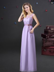 Scoop See Through Floor Length Lace Up Dama Dress Lavender for Prom and Party and Wedding Party with Lace and Appliques and Belt
