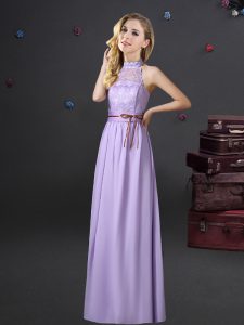 Stunning Halter Top Lavender Lace Up Vestidos de Damas Lace and Belt Sleeveless Floor Length