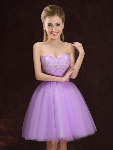 Stunning Lilac A-line Sweetheart Sleeveless Tulle Mini Length Lace Up Lace and Ruching Quinceanera Dama Dress