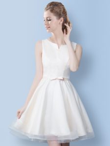 Ideal Scoop Sleeveless Quinceanera Court of Honor Dress Knee Length Bowknot White Tulle