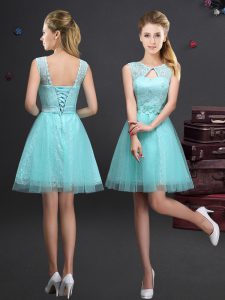 Nice Aqua Blue A-line Tulle Scoop Sleeveless Lace and Appliques and Belt Mini Length Lace Up Quinceanera Dama Dress