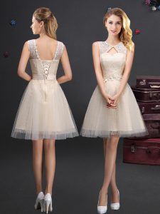 Scoop Sleeveless Lace and Appliques and Belt Lace Up Quinceanera Court of Honor Dress