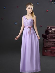 Lavender Damas Dress Prom and Party and Wedding Party and For with Lace and Appliques and Belt One Shoulder Sleeveless Lace Up