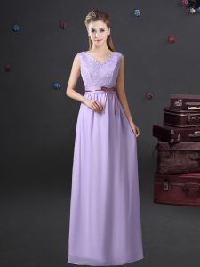 Eye-catching Lavender Sleeveless Floor Length Lace and Belt Lace Up Damas Dress