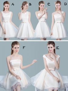 Enchanting White Tulle Lace Up Scoop Sleeveless Mini Length Dama Dress for Quinceanera Lace and Bowknot