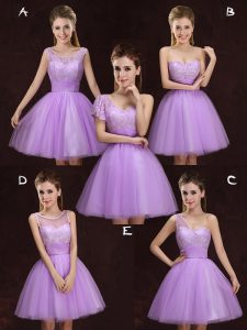 Mini Length Lilac Quinceanera Dama Dress Scoop Sleeveless Lace Up