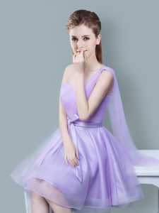 Edgy One Shoulder Knee Length Lavender Dama Dress Tulle Sleeveless Ruching and Bowknot