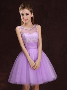 Captivating Scoop Sleeveless Lace Up Mini Length Lace and Ruching Quinceanera Dama Dress