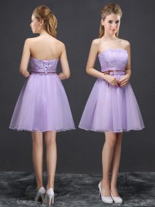 Stylish Mini Length Lace Up Damas Dress Lavender for Prom and Party and Wedding Party with Lace and Belt