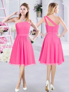 One Shoulder Hot Pink Sleeveless Knee Length Ruching Zipper Quinceanera Court Dresses