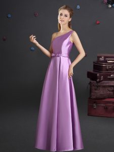 Modern One Shoulder Lilac Empire Bowknot Dama Dress Zipper Elastic Woven Satin Sleeveless Floor Length