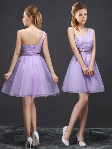 Custom Design One Shoulder Lavender Sleeveless Mini Length Lace Lace Up Quinceanera Dama Dress