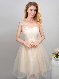 Artistic Champagne A-line One Shoulder Sleeveless Tulle Mini Length Lace Up Lace and Appliques and Belt Quinceanera Court Dresses
