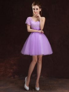 One Shoulder Mini Length Lace Up Dama Dress for Quinceanera Lilac for Prom and Party and Wedding Party with Lace and Ruching