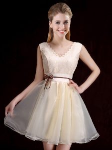 Champagne Organza Lace Up V-neck Sleeveless Mini Length Damas Dress Lace and Appliques and Belt