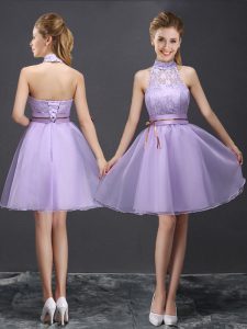 Halter Top Lavender Lace Up Vestidos de Damas Lace and Belt Sleeveless Mini Length