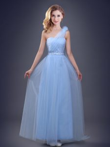 Low Price One Shoulder Beading and Ruching and Hand Made Flower Court Dresses for Sweet 16 Light Blue Lace Up Sleeveless Floor Length