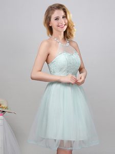 Halter Top Apple Green Tulle Lace Up Quinceanera Court of Honor Dress Sleeveless Mini Length Lace and Appliques and Belt
