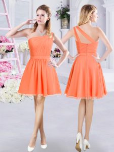 Unique One Shoulder Mini Length Zipper Quinceanera Court Dresses Orange for Prom and Party and Wedding Party with Ruching