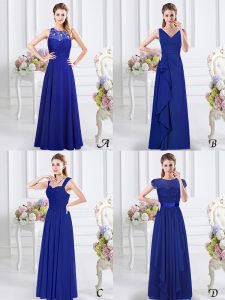 Fitting Royal Blue Empire Chiffon V-neck Sleeveless Lace and Ruffles and Ruching Floor Length Zipper Dama Dress