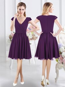 Chic Purple A-line V-neck Cap Sleeves Chiffon Knee Length Zipper Ruching Court Dresses for Sweet 16