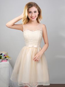 Flare Scoop Champagne Sleeveless Tulle Lace Up Damas Dress for Prom and Party and Wedding Party