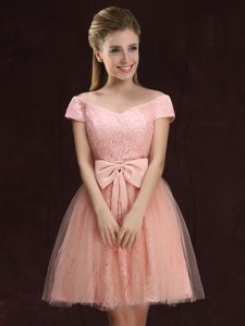 Off the Shoulder Peach Short Sleeves Lace and Bowknot Mini Length Dama Dress