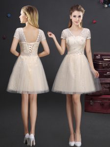 V-neck Short Sleeves Tulle Damas Dress Lace and Appliques and Belt Lace Up