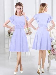 Charming Scoop Lavender Short Sleeves Knee Length Ruching Side Zipper Quinceanera Court of Honor Dress
