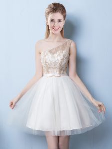 Popular One Shoulder Champagne A-line Sequins and Bowknot Quinceanera Court of Honor Dress Lace Up Tulle Sleeveless Mini Length
