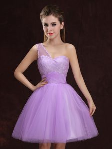 Mini Length Lilac Quinceanera Court Dresses One Shoulder Sleeveless Lace Up