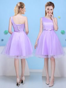 Fantastic One Shoulder Lavender Lace Up Quinceanera Dama Dress Bowknot Sleeveless Knee Length