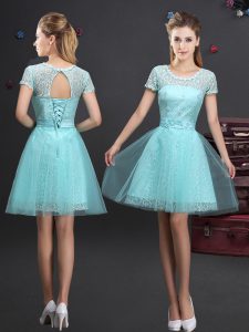 Aqua Blue Tulle Lace Up Scoop Short Sleeves Mini Length Damas Dress Lace and Appliques and Belt