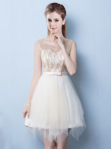 Traditional Champagne A-line Scoop Sleeveless Tulle Asymmetrical Lace Up Sequins and Bowknot Quinceanera Court Dresses