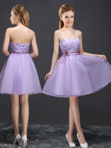 Luxurious Lavender A-line Sweetheart Sleeveless Organza Mini Length Lace Up Lace Dama Dress for Quinceanera