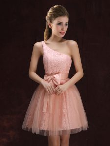 Beauteous One Shoulder Peach Lace Up Quinceanera Dama Dress Lace and Bowknot Sleeveless Mini Length