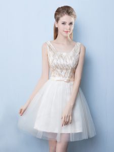 Elegant Square Sleeveless Mini Length Sequins and Bowknot Lace Up Dama Dress for Quinceanera with Champagne