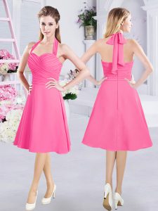 Halter Top Hot Pink Sleeveless Knee Length Ruching Zipper Quinceanera Dama Dress