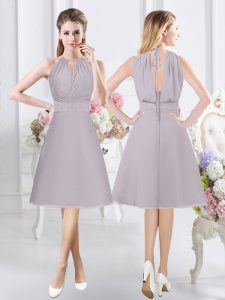 Glittering A-line Dama Dress for Quinceanera Grey Halter Top Chiffon Sleeveless Knee Length Zipper