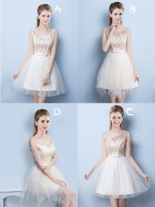 Spectacular Champagne A-line Tulle Square Sleeveless Sequins and Bowknot Mini Length Lace Up Quinceanera Dama Dress