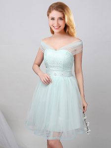 Pretty Apple Green Lace Up Off The Shoulder Lace and Appliques and Belt Dama Dress Tulle Short Sleeves